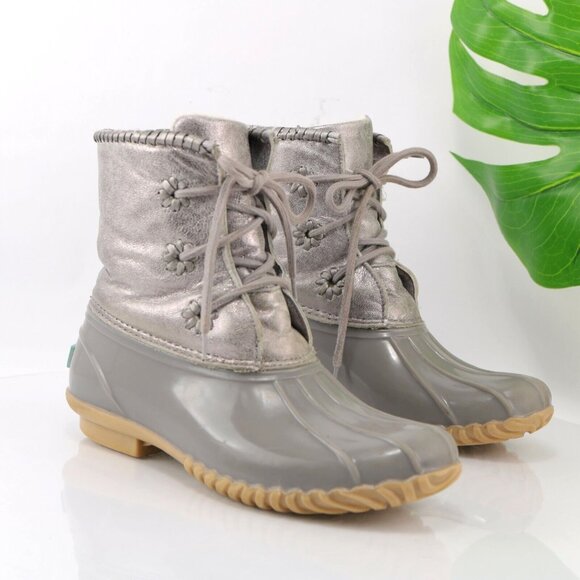 Jack Rogers Shoes - Jack Rogers Womens Hayley Duck Boot Size 8 Gray Silver Lace-Up Rubber Leather